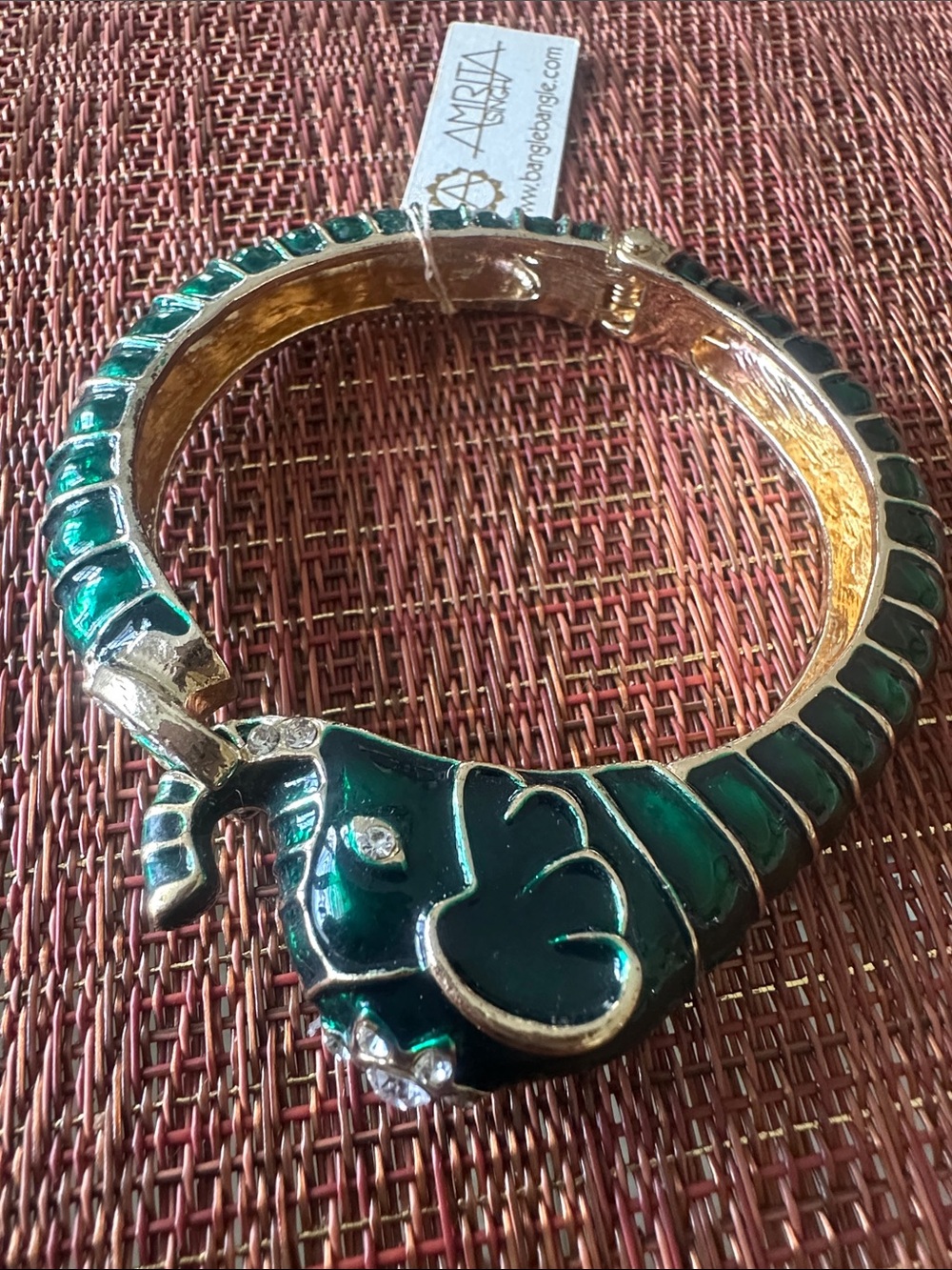 Amrita Singh Green Enamel Elephant Hinged Bangle with Gold-Tone Accents